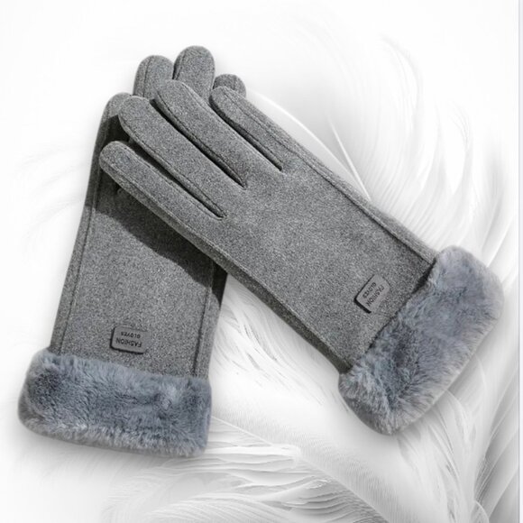 Gray Winter Gloves for Women Elegant Touchscreen Gloves with Faux Fur Cuffs - Picture 1 of 5